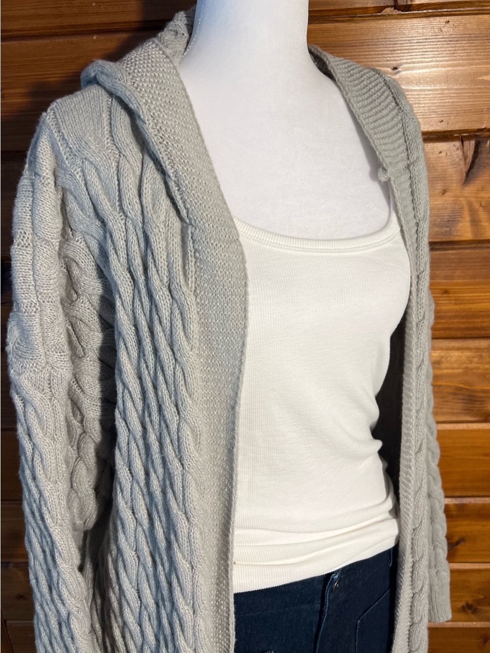 Light Gray Cable-Knit Hooded Sweater Cardigan - Brand:
